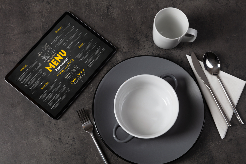 Empty plate and tableware with online order menu